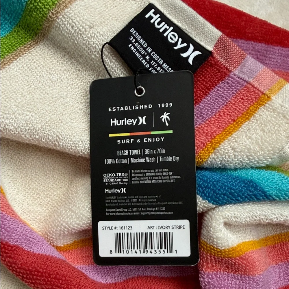 NWT Hurley Multicolor Striped Towel size is 36 x 70